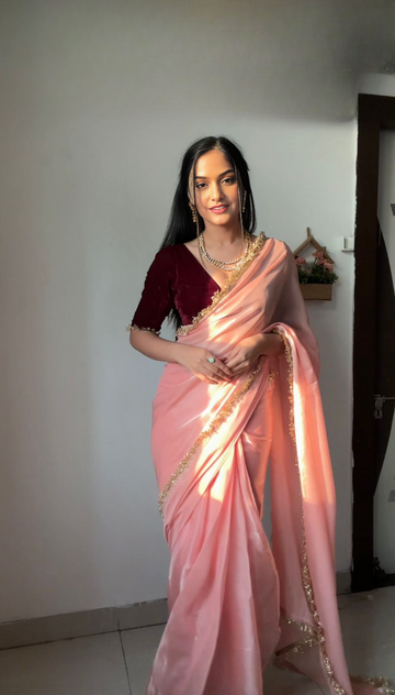 Ready To Wear 1 Min Jimmy Cho Peach Colour Full Stitched Saree & Unstitched Velvet Blouse