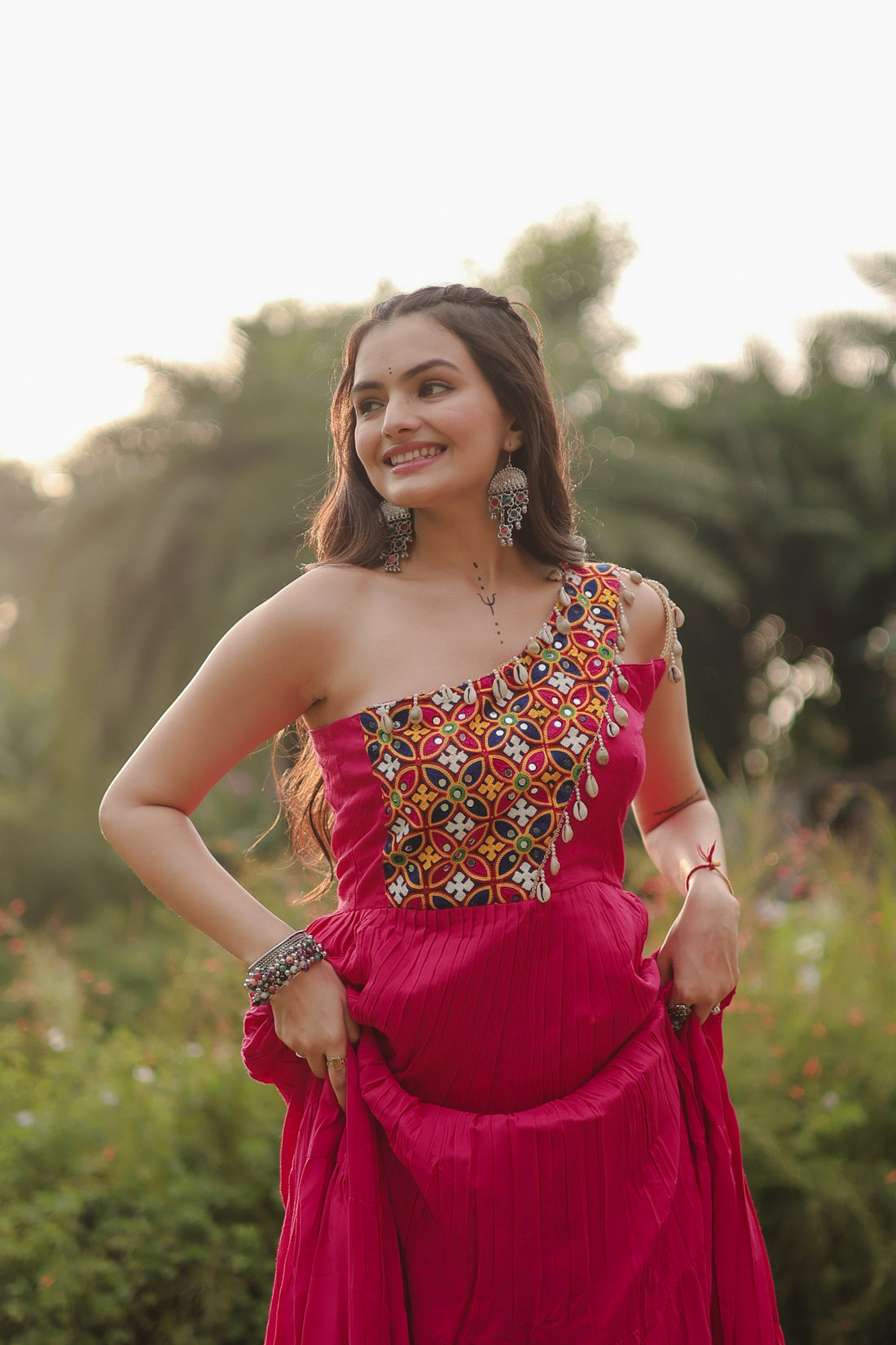 Radha : Pink Gown Made of Rayon Fabric with Kutchi Gamthi