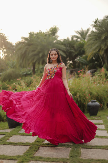 Radha : Pink Gown Made of Rayon Fabric with Kutchi Gamthi