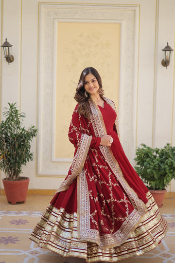 Riva : Premium Maroon Embroidered Gown with Sequin Dupatta